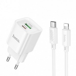 Сетевое зарядное устройство HOCO C147A Charm 1xUSB + 1xUSB-C с Кабелем Type-C - Lightning, 3A, 20W, белый
