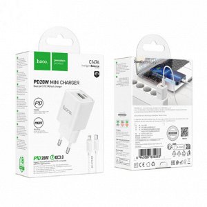 Сетевое зарядное устройство HOCO C147A Charm 1xUSB + 1xUSB-C с Кабелем Type-C - Lightning, 3A, 20W, белый