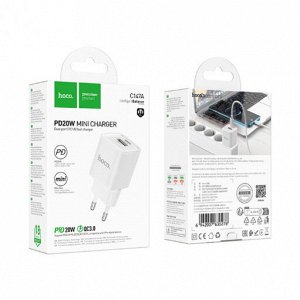 Сетевое зарядное устройство HOCO C147A Charm 1xUSB + 1xUSB-C, 3A, 20W, белый