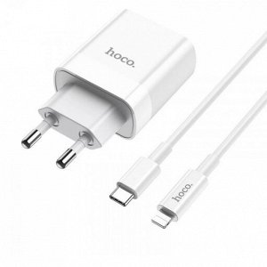 Сетевое зарядное устройство HOCO C80A Rapido 1xUSB + 1xUSB-C с Кабелем Type-C - Lightning, 3.1A, 20W, белый