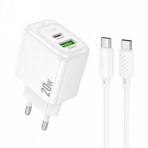 Сетевое зарядное устройство HOCO CS54A Surplus 1xUSB + 1xUSB-C с Кабелем Type-C - Type-C, 20W, белый