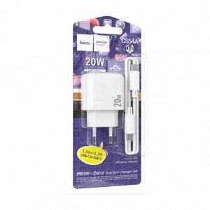 Сетевое зарядное устройство HOCO CS54A Surplus 1xUSB + 1xUSB-C с Кабелем Type-C - Type-C, 20W, белый
