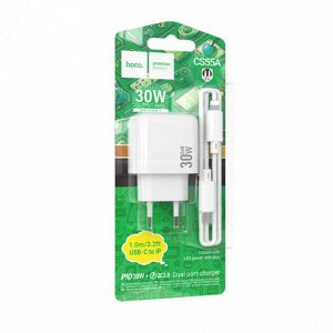 Сетевое зарядное устройство HOCO CS55A Surplus 1xUSB + 1xUSB-C с Кабелем Type-C - Lightning, 30W, белый