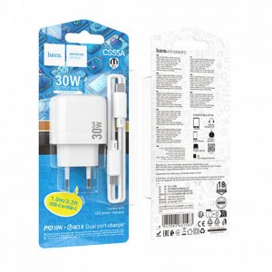 Сетевое зарядное устройство HOCO CS55A Surplus 1xUSB + 1xUSB-C с Кабелем Type-C - Type-C, 30W, белый
