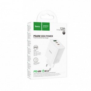 Сетевое зарядное устройство HOCO C126A Pure power 1xUSB + 2xUSB-C, 40W, белый