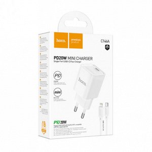 Сетевое зарядное устройство HOCO C146A Charm 1xUSB-C с Кабелем Type-C - Lightning, 20W, белый