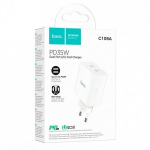 Сетевое зарядное устройство HOCO C108A Leader 2xUSB-C, 3.0A, 35W, белый