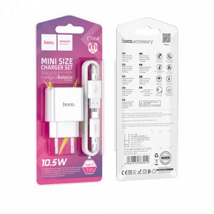 Сетевое зарядное устройство HOCO C106A 1xUSB с Кабелем USB - Type-C, 2.1A, 10.5W, белый