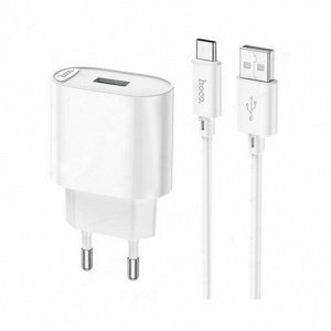 Сетевое зарядное устройство HOCO C109A Fighter 1xUSB с Кабелем USB - Type-C, 3.0A, 18W, белый