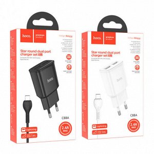 Сетевое зарядное устройство HOCO C88A Star 2xUSB с Кабелем USB - Lightning, 2.4A, 10.8W, белый