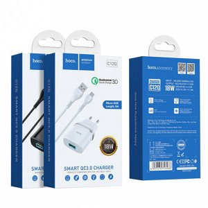 Сетевое зарядное устройство HOCO C12Q Smart 1xUSB с Кабелем USB - Micro, 3A, 18W, черный