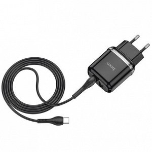 Сетевое зарядное устройство HOCO N4 Aspiring 2xUSB с Кабелем USB - Type-C, 2.4A, 10.8W, черный