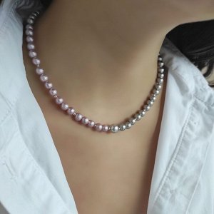 Чокер из хлопкового жемчуга серый+пастельно - розовый цвета