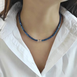 Чокер синий гематит кубики + горный хрусталь