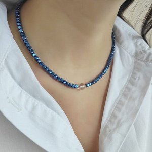 Чокер синий гематит кубики + горный хрусталь