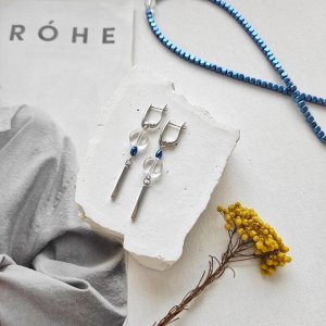 Серьги горный хрусталь + синий гематит