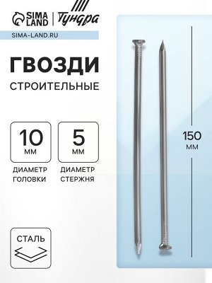 Гвозди ТУНДРА, строительные, ГОСТ 4028-63, без покрытия, 5x150 мм, 5 кг
