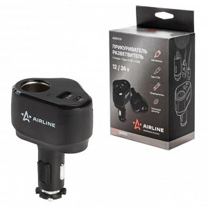Разветвитель прикуривателя Airline Pro 12/24В, 1 гнездо, 1xUSB (5В, 2.4А), 1xUSB Type-C PD (5В/3А, 9В/2А, 12В/1.5А), 120Вт, черный, с предохранителем, арт. AEBD033