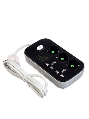Удлинитель 3 евро + 2 унив.роз, 2м, 1300 Вт, 3х0.75 мм2, 2 USB-A+USB-C, 2.1А, c з/к, с выкл.   10534