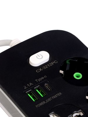 Удлинитель 3 евро + 2 унив.роз, 2м, 1300 Вт, 3х0.75 мм2, 2 USB-A+USB-C, 2.1А, c з/к, с выкл.   10534