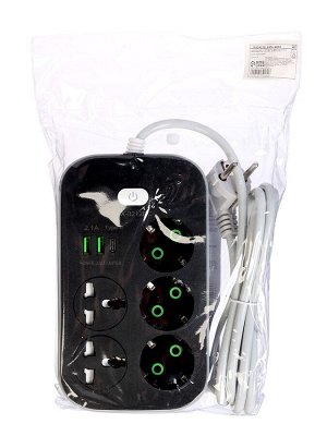 Удлинитель 3 евро + 2 унив.роз, 2м, 1300 Вт, 3х0.75 мм2, 2 USB-A+USB-C, 2.1А, c з/к, с выкл.   10534
