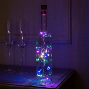 Гирлянда «Нить», 1 м, уличная, роса с пробкой, IP44, серебристая нить, 10 LED, солнечная батарея, свечение мульти
