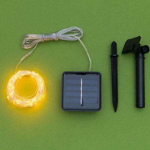 Гирлянда «Нить», 10 м, уличная, IP44, 100 LED, 2 режима, солнечная батарея, серебристая нить, свечение жёлтое