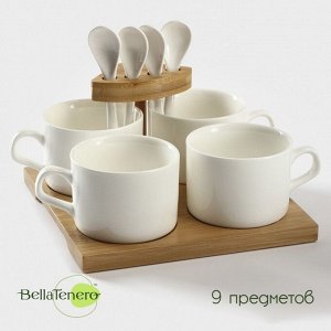 Набор кружек керамический на подставке из бамбука BellaTenero, 9 предметов: 4 кружки 150 мл, 4 ложки, подставка, белый