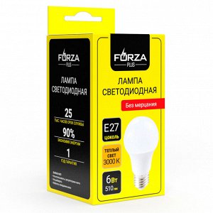 FORZA Лампа светодиодная A60 6 Вт, Е27, 510 Лм, 3000 К, 175-265 В, Ra>80, IRF