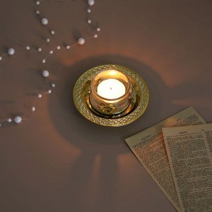 Подсвечник металлический со стеклянным стаканом для одной свечи, 10х10х3 см, арт.1