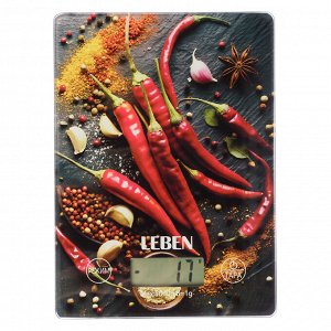 LEBEN Весы кухонные электронные, прямоуг., стекло с дизайном, макс.нагр. 5кг (точн.измер. 1гр)