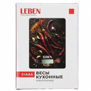 LEBEN Весы кухонные электронные, прямоуг., стекло с дизайном, макс.нагр. 5кг (точн.измер. 1гр)