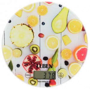 LEBEN Весы кухонные электронные, стекло с дизайном, круг, макс.нагр. 5кг (точн.измер. 1гр)