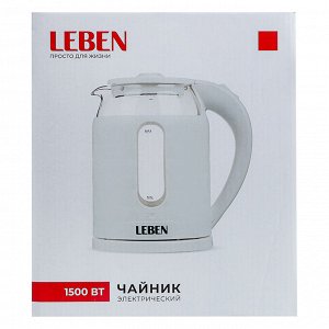 LEBEN Чайник электрический, 1,5 л, 1500Вт, стекло, пластик, 220-240В