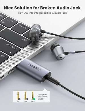 Карта звуковая USB 2.0 - адаптер для микрофона, аудио 3,5 мм., серый (CM383) Ugreen