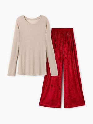 Пижама женская (лонгслив, брюки) KAFTAN «Бархат», цвет бордовый, бежевый