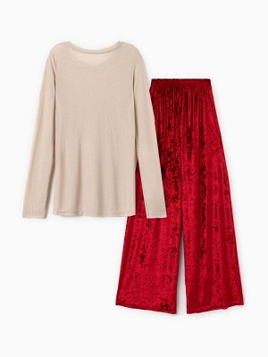Пижама женская (лонгслив, брюки) KAFTAN «Бархат», цвет бордовый, бежевый