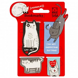Закладки магнитные для книг, 4шт., MESHU "Funny cat", ламинация с блестками, удобные и практичные