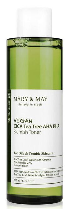 Тонер для лица освежающий с центеллой и чайным деревом Mary&May Vegan CICA Tea Tree AHA PHA Blemish Toner 200мл