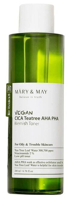 Тонер для лица освежающий с центеллой и чайным деревом Mary&May Vegan CICA Tea Tree AHA PHA Blemish Toner 200мл