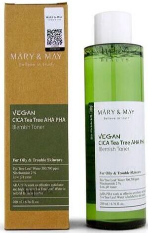 Тонер для лица освежающий с центеллой и чайным деревом Mary&May Vegan CICA Tea Tree AHA PHA Blemish Toner 200мл