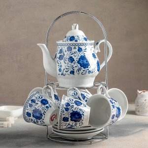 Сервиз чайный Доляна «Русский узор»,13 предметов на подставке: 6 чашек 210 мл, 6 блюдец, чайник