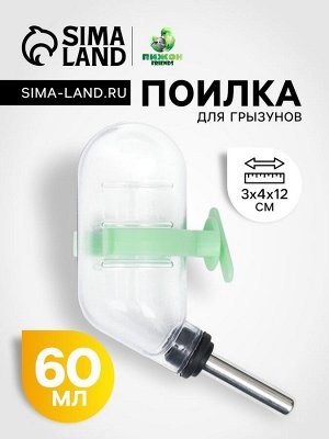 Поилка для грызунов с металлическим носиком 60 мл, 12 х 4 см, прозрачная с зелёным крепление 10228