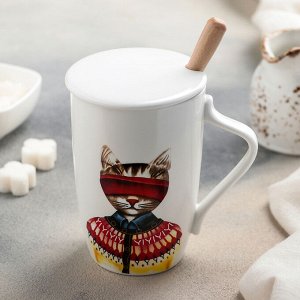 Кружка с керамической крышкой и ложкой «Котик», 350 мл, цвет МИКС