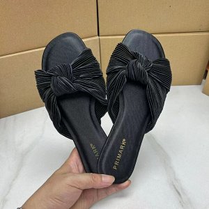 Женские шлепанцы на плоской подошве с квадратным носком, с бантом, черные