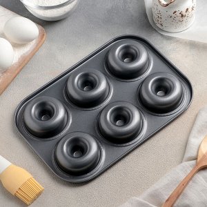 Форма для выпечки Доляна «Пончики», 26,5х17 см, 6 ячеек, антипригарное покрытие, цвет чёрный
