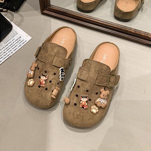 Женские мюли перфорированные с закрытым носком и пряжкой, коричневые