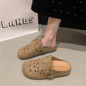 Женские мюли перфорированные с закрытым носком и пряжкой, коричневые