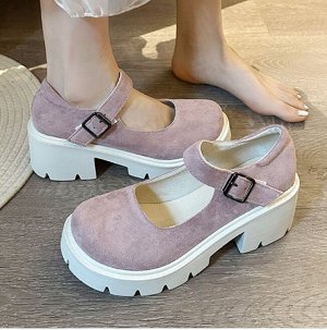 Женские туфли с толстым каблуком и пряжкой, розовые