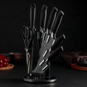 Набор кухонный «Black», 7 предметов: 5 ножей, лезвие 20/20/20/12/9 см, мусат, ножницы, на подставке, цвет чёрный